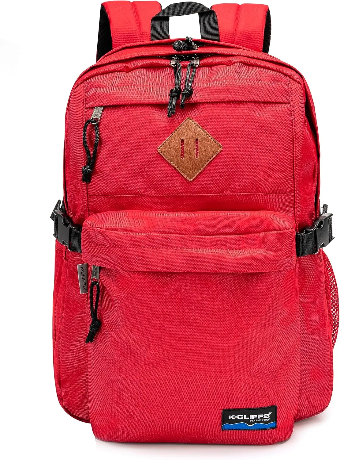 K-Cliffs Classic Backpack Basic Student Campus Daypack Simple Travel Rucksack with Laptop Compartment Bottle Holder Padded Straps Red