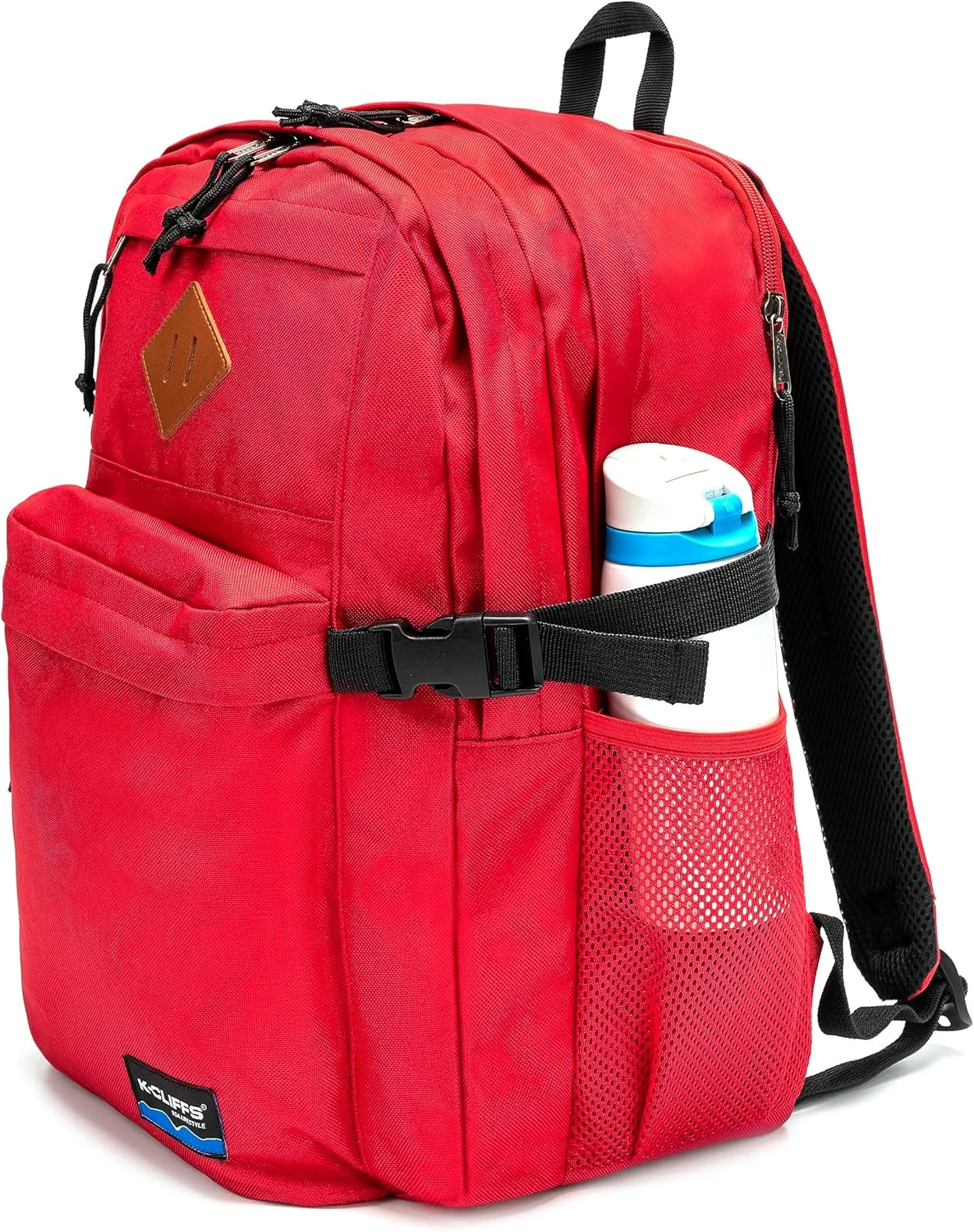 K-Cliffs Classic Backpack Basic Student Campus Daypack Simple Travel Rucksack with Laptop Compartment Bottle Holder Padded Straps Red