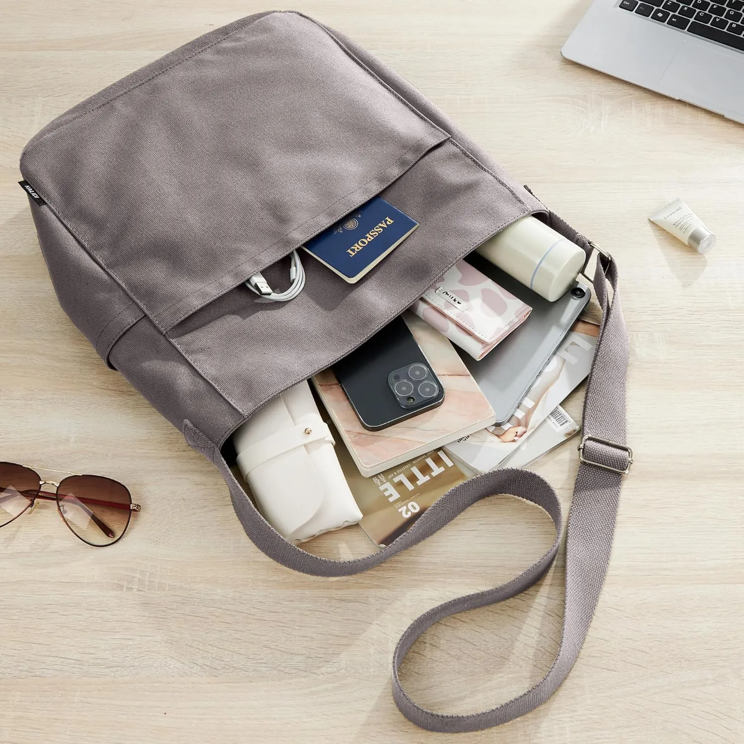 KALIDI Canvas Tote Bag Large Hobo Crossbody Shoulder Handbag Zipper Messenger Bag for Women or Men Casual College Work