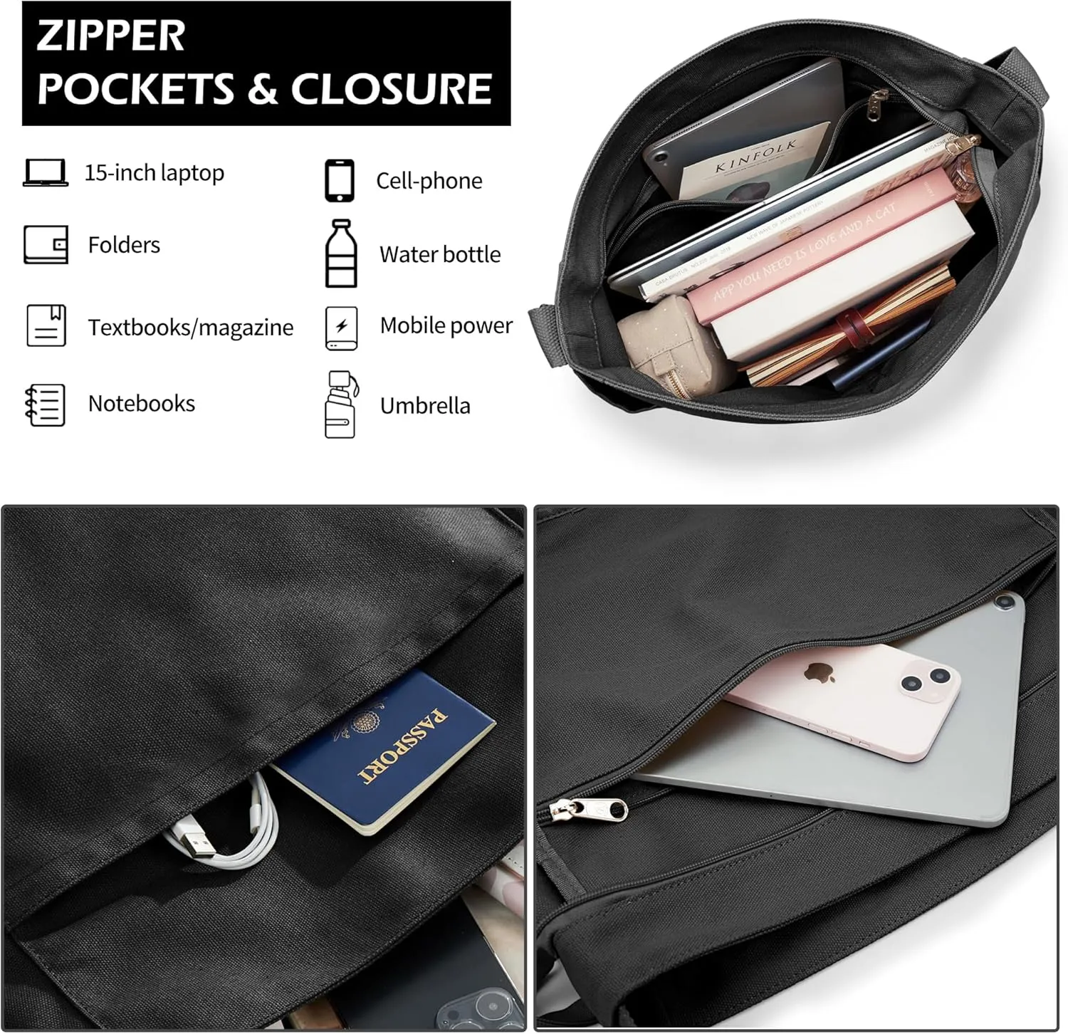 KALIDI Canvas Tote Bag Large Hobo Crossbody Shoulder Handbag Zipper Messenger Bag for Women or Men Casual College Work