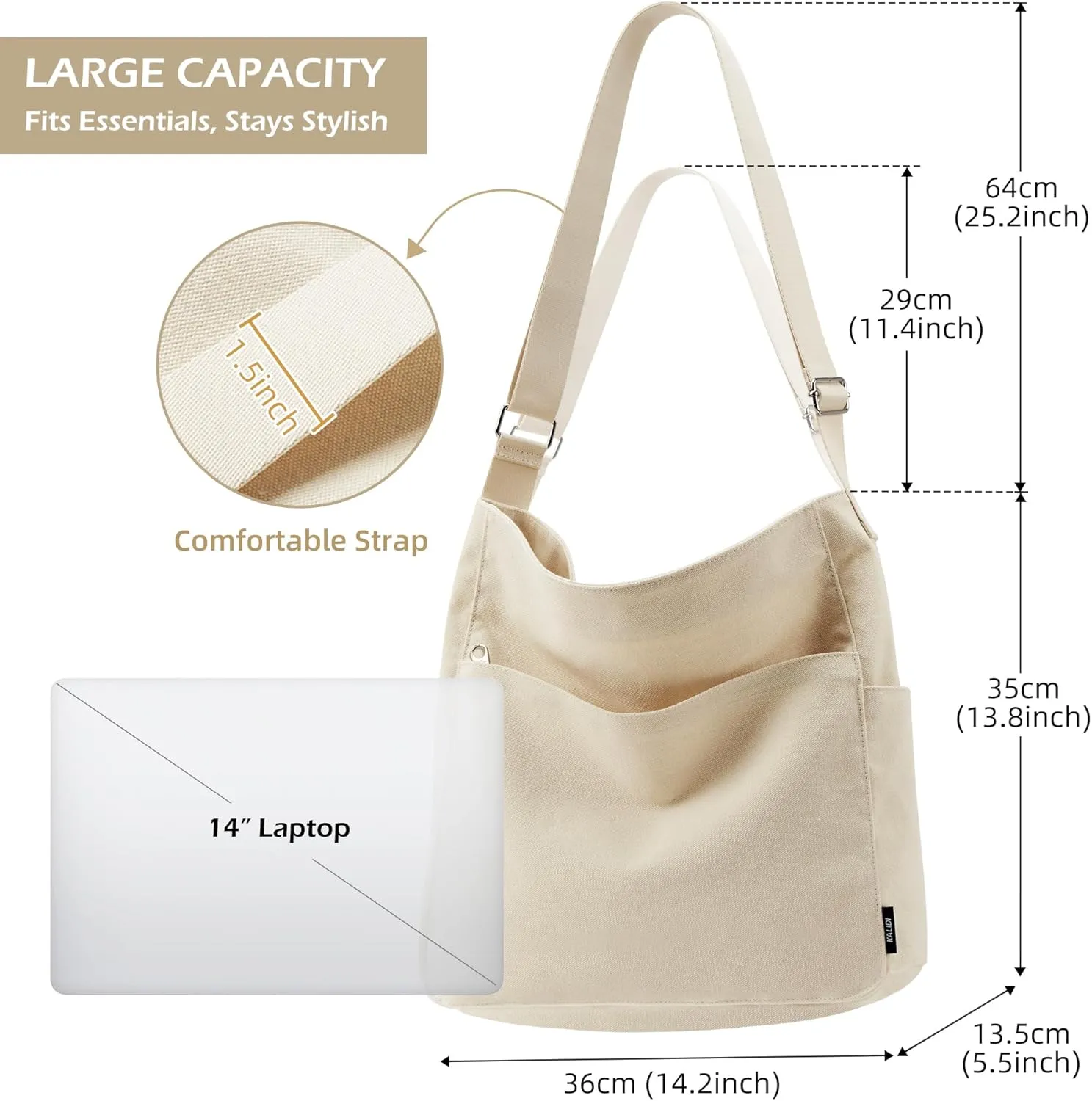 KALIDI Canvas Tote Bag Large Hobo Crossbody Shoulder Handbag Zipper Messenger Bag for Women or Men Casual College Work