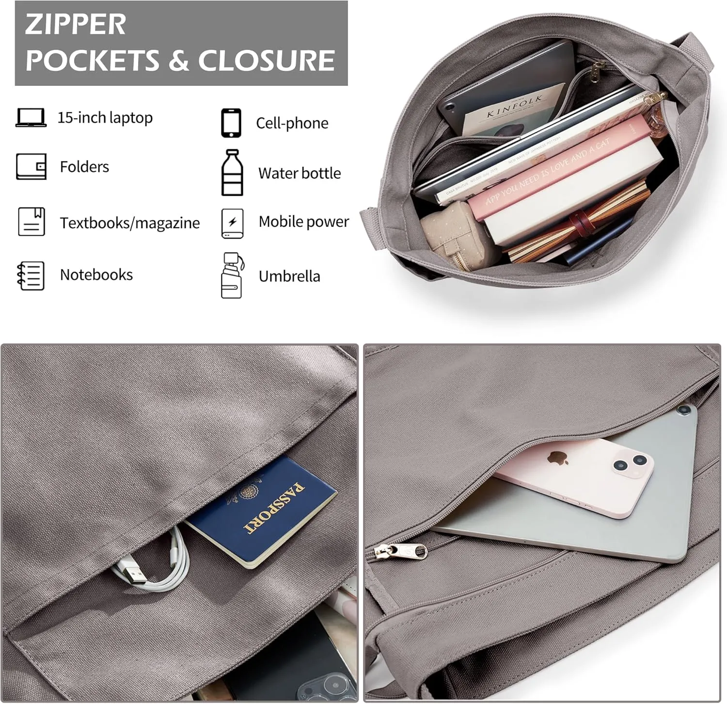 KALIDI Canvas Tote Bag Large Hobo Crossbody Shoulder Handbag Zipper Messenger Bag for Women or Men Casual College Work
