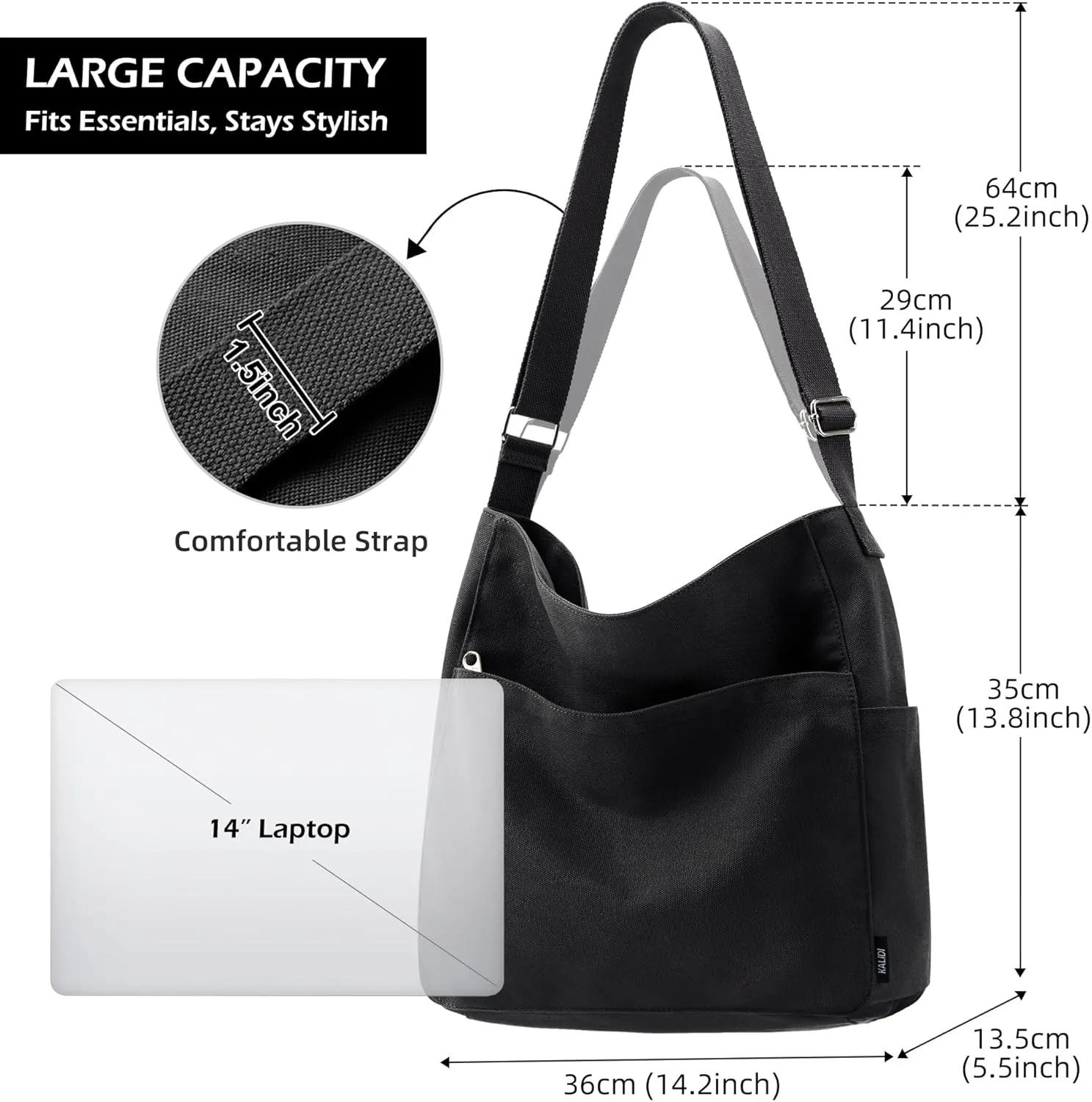 KALIDI Canvas Tote Bag Large Hobo Crossbody Shoulder Handbag Zipper Messenger Bag for Women or Men Casual College Work