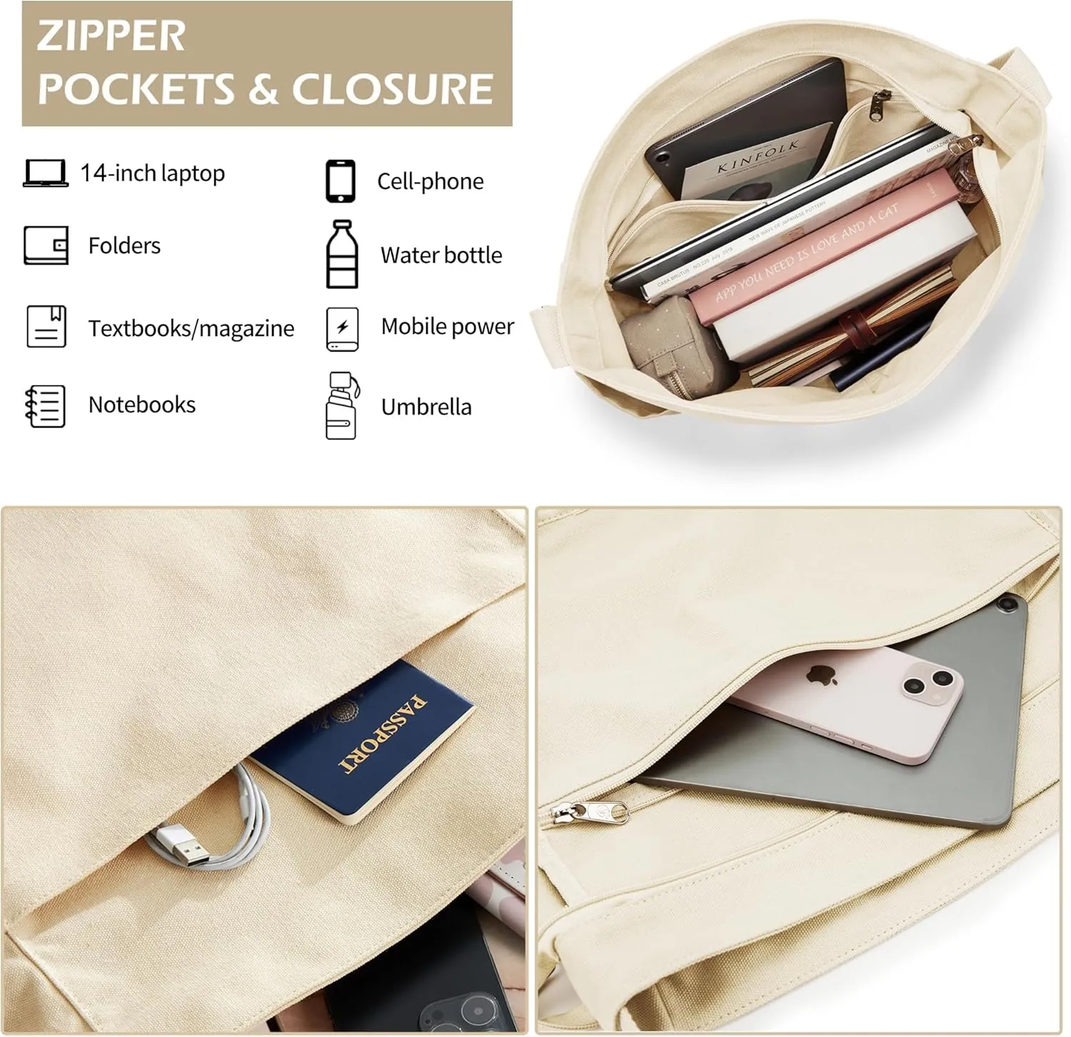 KALIDI Canvas Tote Bag Large Hobo Crossbody Shoulder Handbag Zipper Messenger Bag for Women or Men Casual College Work