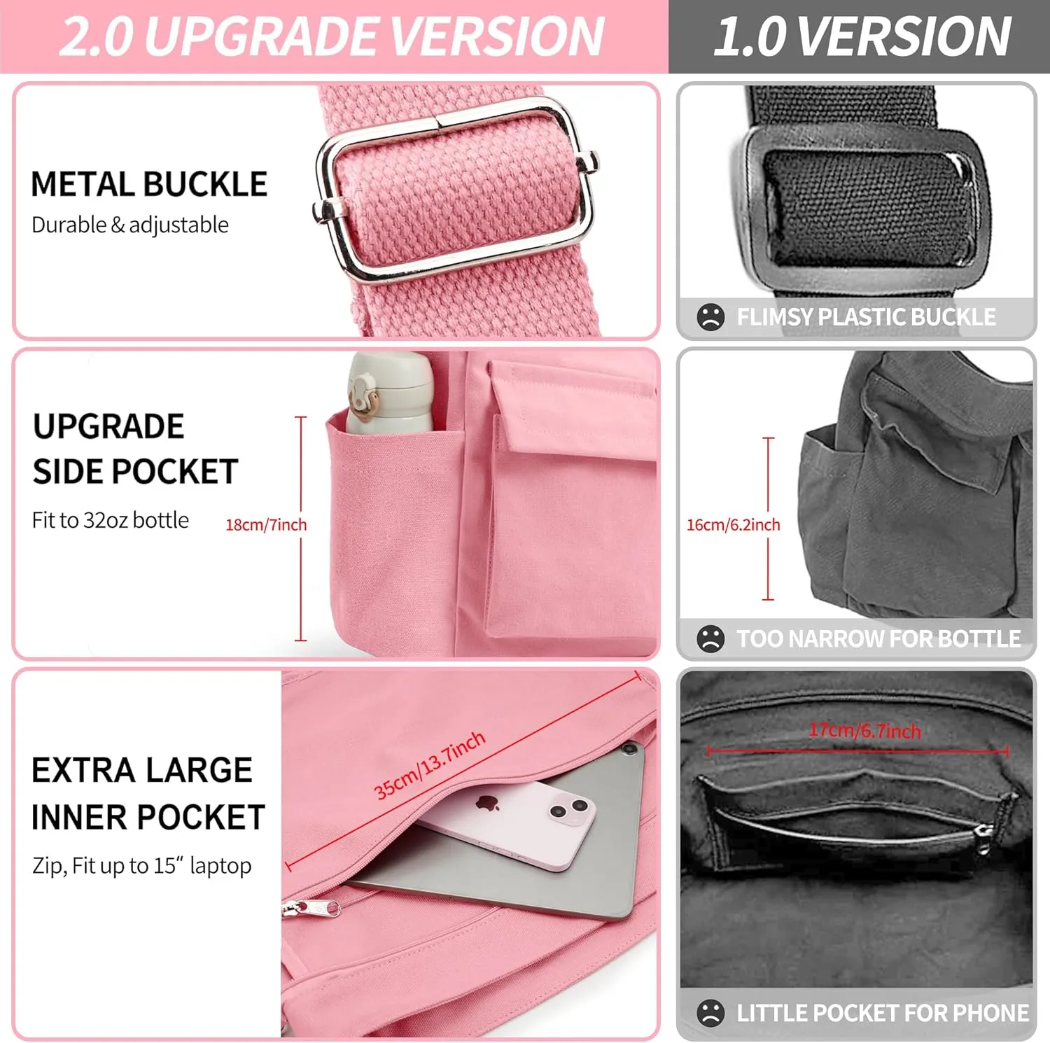 KALIDI Canvas Tote Bag Messenger Bag, Large Crossbody Bag for Women or Men, Casual Canvas Shoulder Bag for College Work Daily
