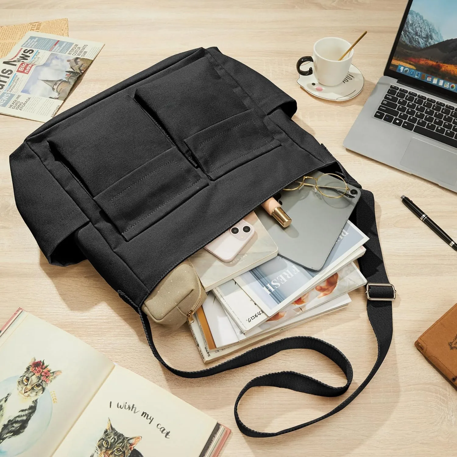 KALIDI Canvas Tote Bag Messenger Bag, Large Crossbody Bag for Women or Men, Casual Canvas Shoulder Bag for College Work Daily