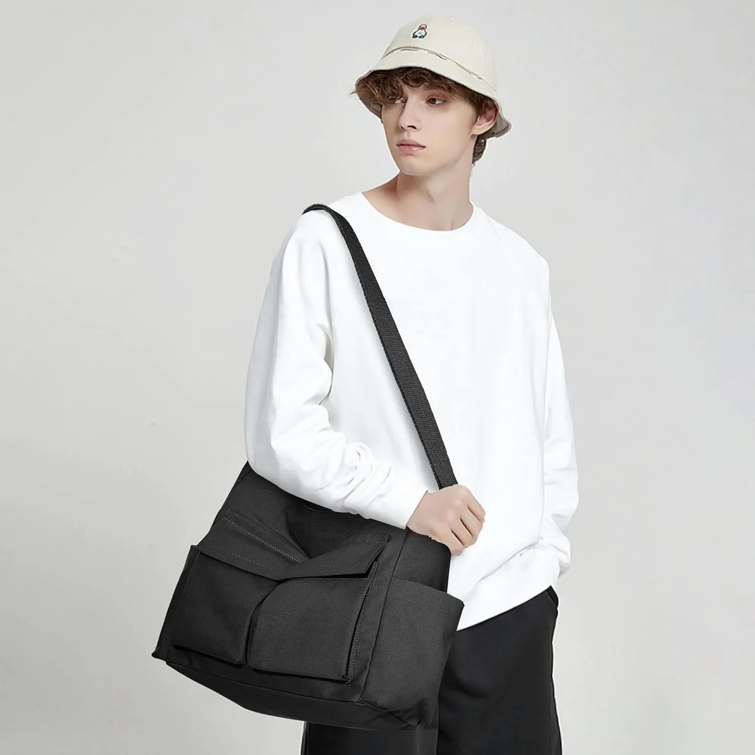 KALIDI Canvas Tote Bag Messenger Bag, Large Crossbody Bag for Women or Men, Casual Canvas Shoulder Bag for College Work Daily