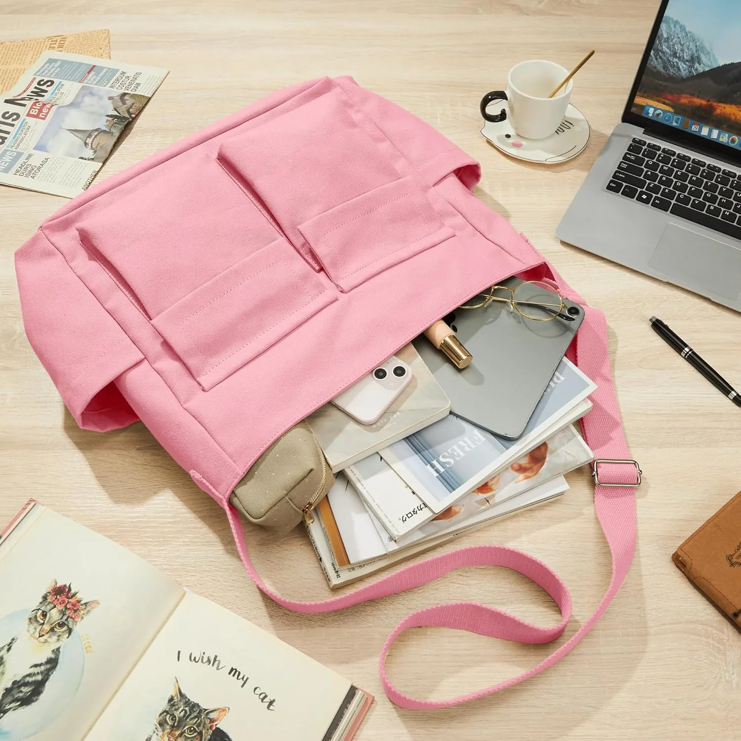 KALIDI Canvas Tote Bag Messenger Bag, Large Crossbody Bag for Women or Men, Casual Canvas Shoulder Bag for College Work Daily