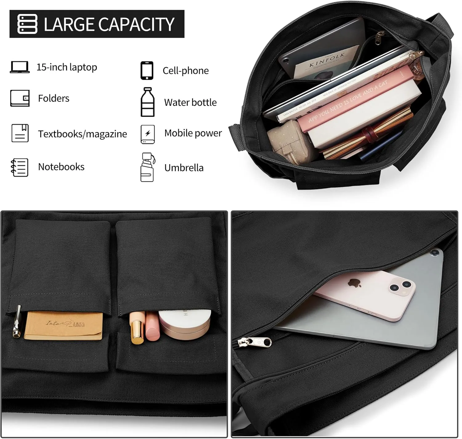 KALIDI Canvas Tote Bag Messenger Bag, Large Crossbody Bag for Women or Men, Casual Canvas Shoulder Bag for College Work Daily