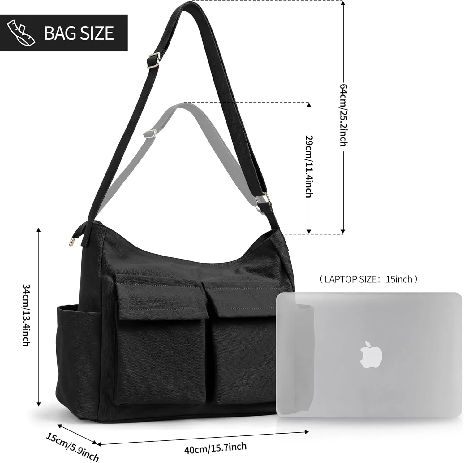 KALIDI Canvas Tote Bag Messenger Bag, Large Crossbody Bag for Women or Men, Casual Canvas Shoulder Bag for College Work Daily