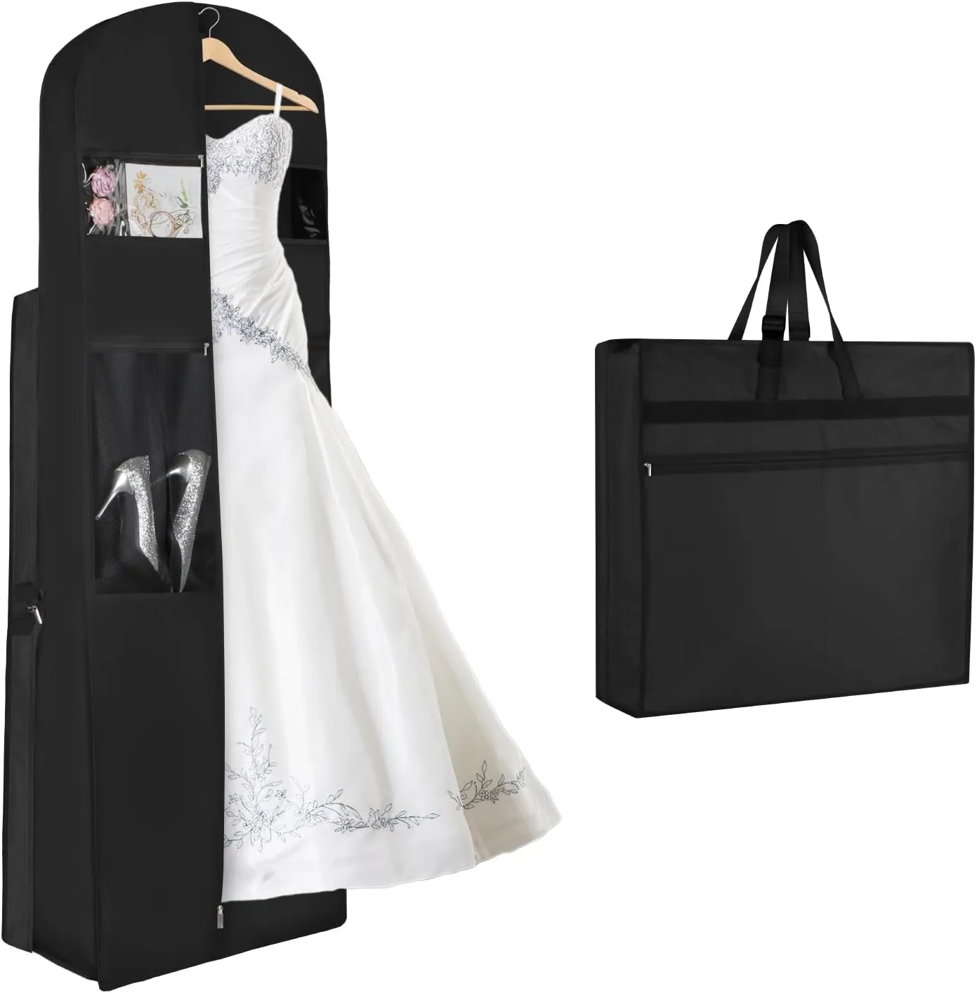 KEEGH Wedding Dress Garment Bag, 72” Tri-fold Bridal Dress Bags for Gowns, With Accessory Pockets and Adjustable Buckle Dress Cover for Wedding/Prom/Travel/Closet Storage (Black)