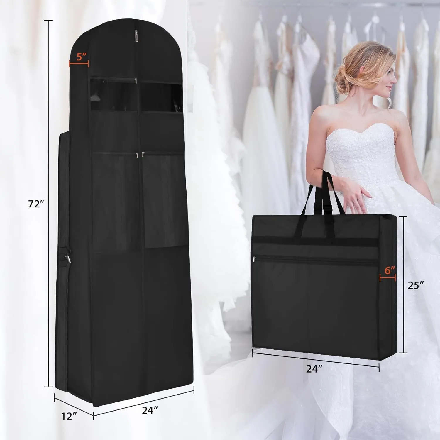 KEEGH Wedding Dress Garment Bag, 72” Tri-fold Bridal Dress Bags for Gowns, With Accessory Pockets and Adjustable Buckle Dress Cover for Wedding/Prom/Travel/Closet Storage (Black)