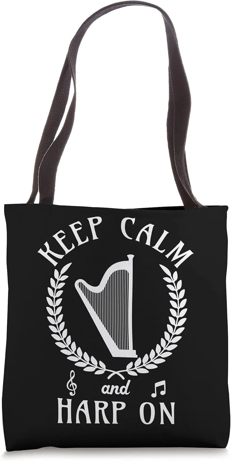 Keep Calm And Harp On Musical Instrument Harpist Music Tote Bag