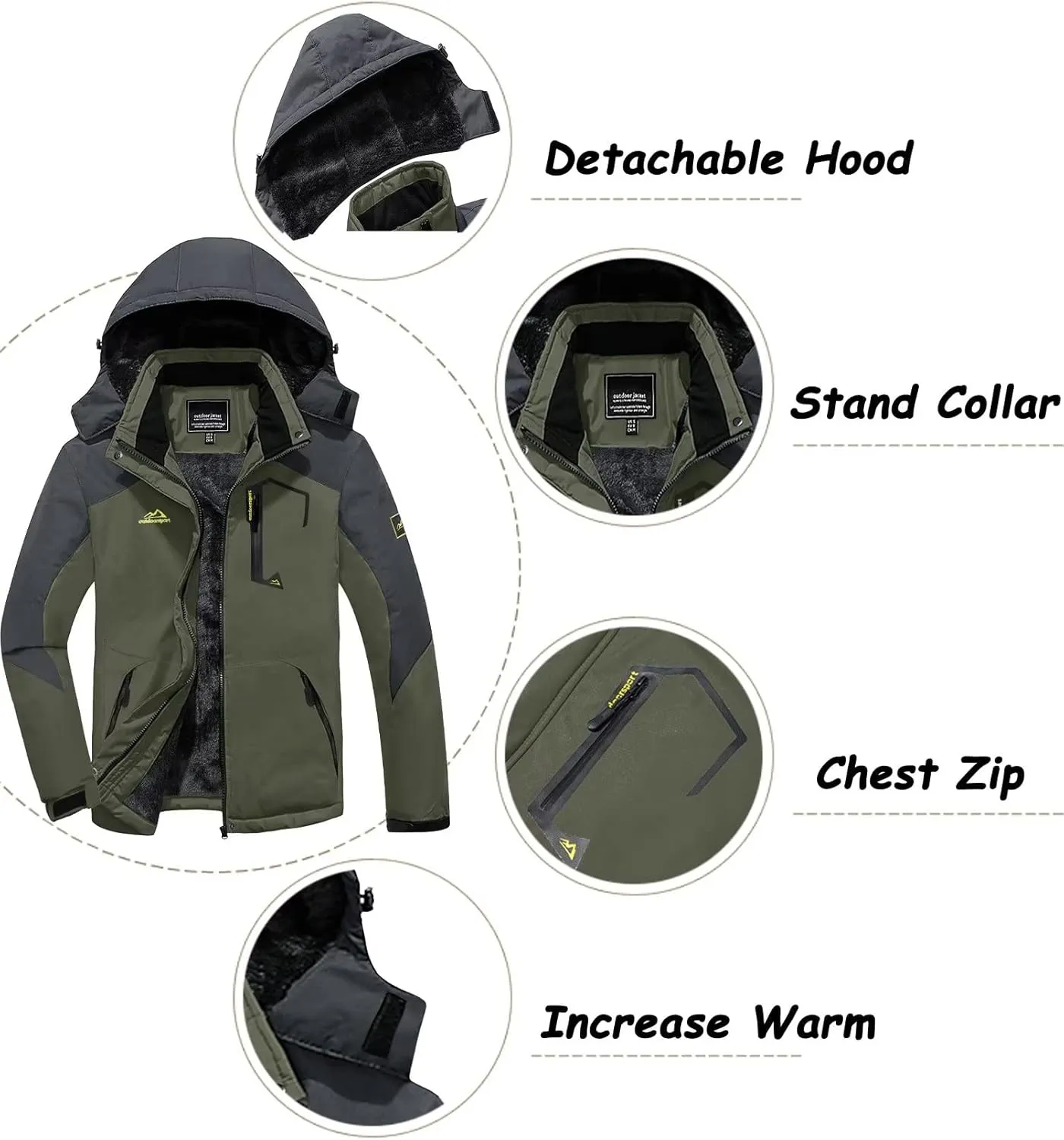 KEFITEVD Men's Waterproof Ski Snow Jacket Snowboarding Jackets Windproof Fleece Warm Heavy Hooded Coat Mountain Rain Jacket