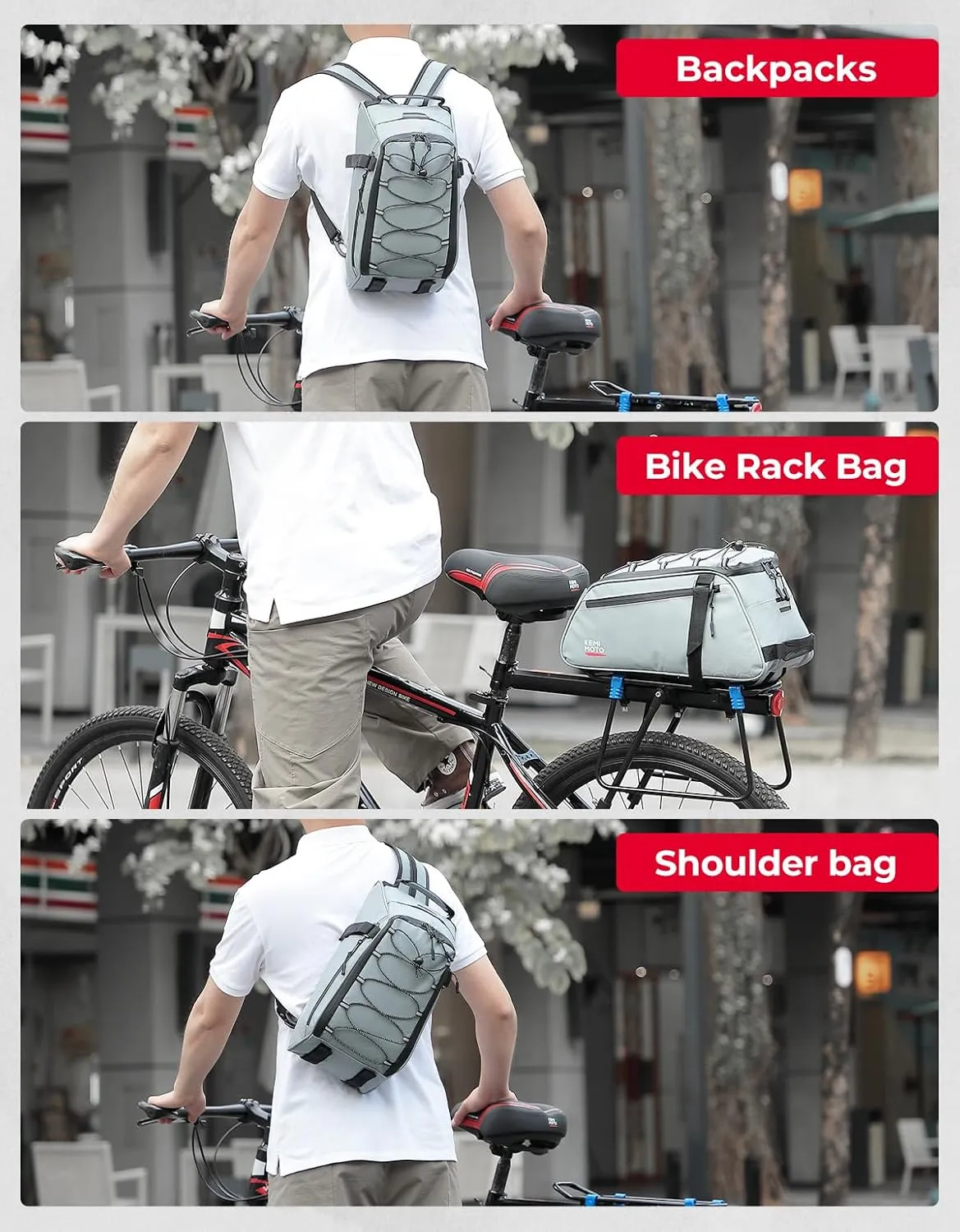 KEMIMOTO 13L Rear Bike Rack Bag, Water-resistant 3 IN 1 Bicycle Trunk Bag Cycling Luggage Saddle Shoulder Pack for Road Mountain Ebikes, Storage Backpack for Commuting, Shopping, Traveling, Grey