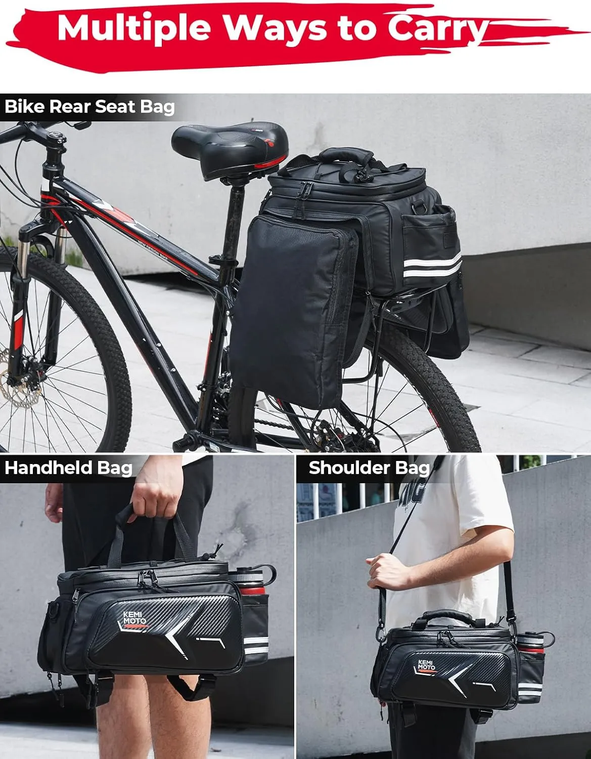 KEMIMOTO Hard Shell Bike Bag Rear Rack 20L Capacity, Carbon Leather Bicycle Trunk Bag with Waterproof Rain Cover for Grocery Shopping Commuter Cycling Trip (Upgraded Design)