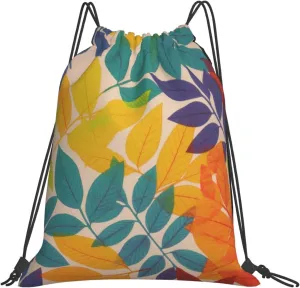 KHiry Drawstring Backpack Waterproof String Bag Multicolor leaves Drawstring Sackpack Gym Bag for Man Woman