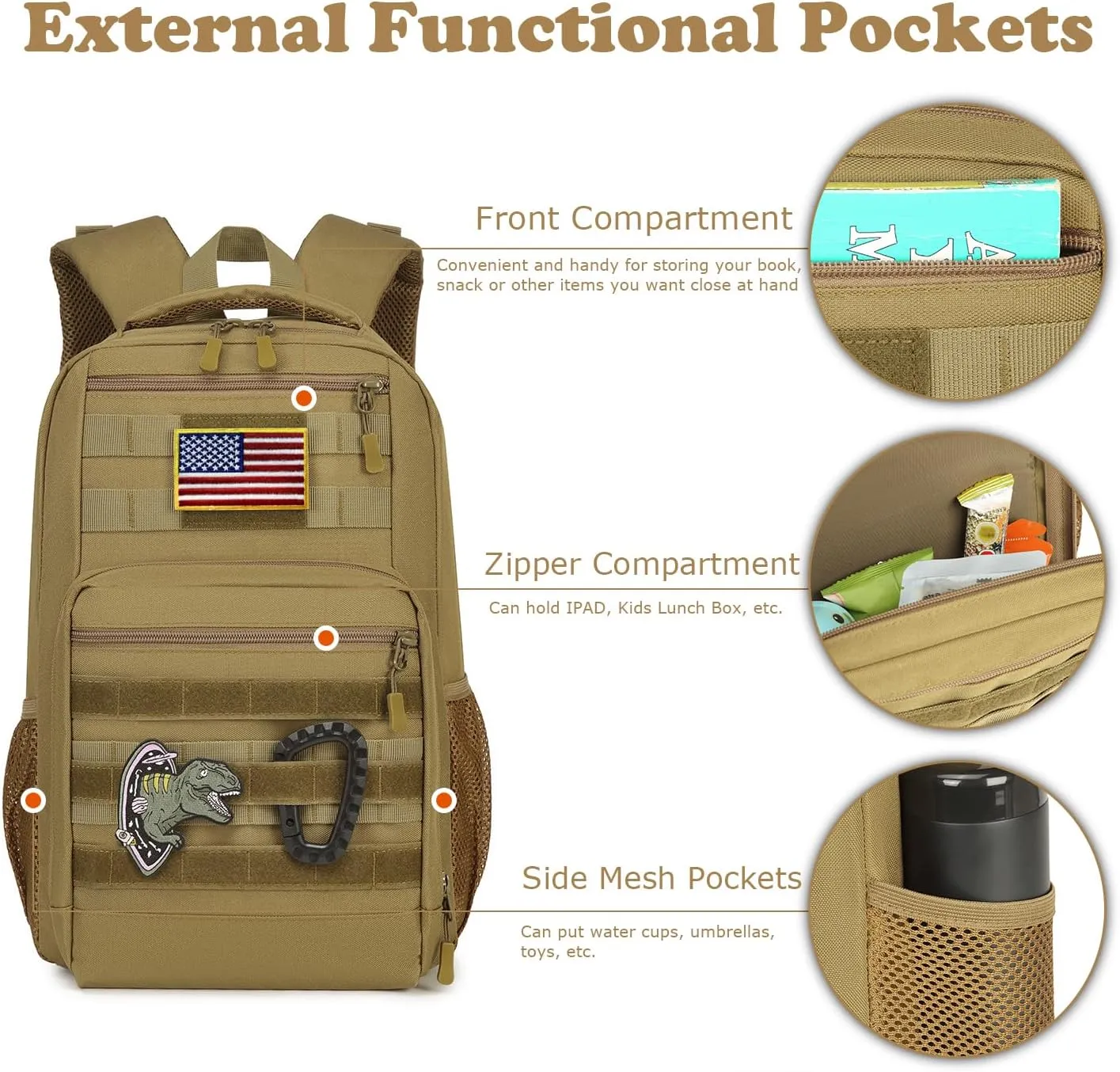 Kids Backpack for Boys 20L Kids Tactical Backpack Kindergarten School Bag Lightweight Bookbag Children Daypack (Brown)