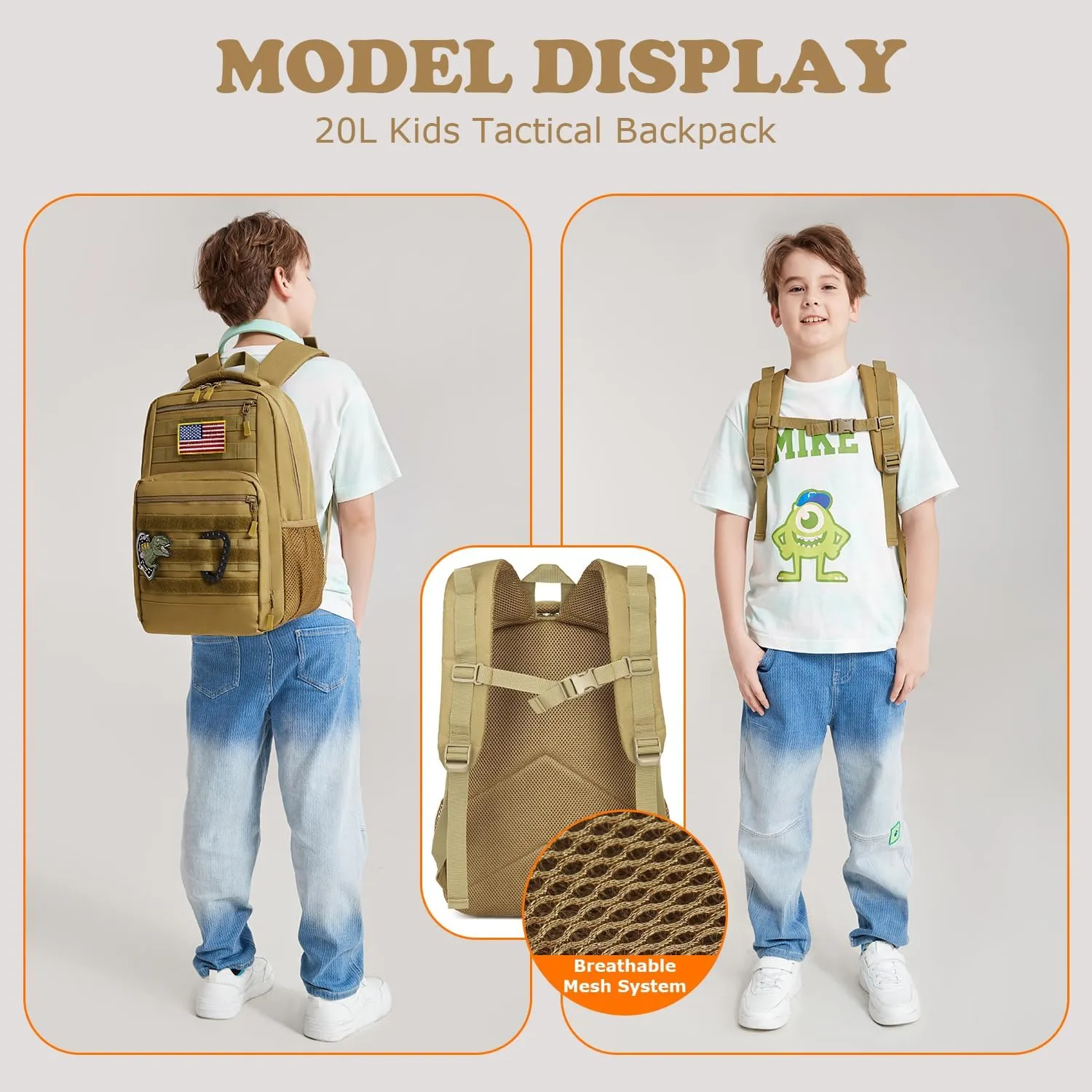 Kids Backpack for Boys 20L Kids Tactical Backpack Kindergarten School Bag Lightweight Bookbag Children Daypack (Brown)