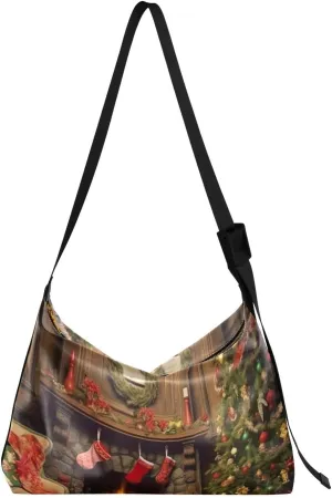 Kigai Christmas Fireplace Crossbody Bag Hobo Handbag Purse Fashion PU Leather Shoulder Bags for Women