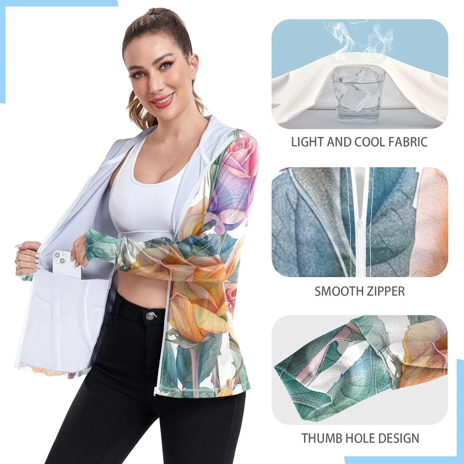 Kigai Colored Roses Women's UPF 50  UV Sun Protection Clothing Zip Up Hoodie SPF Long Sleeve Sun Shirt