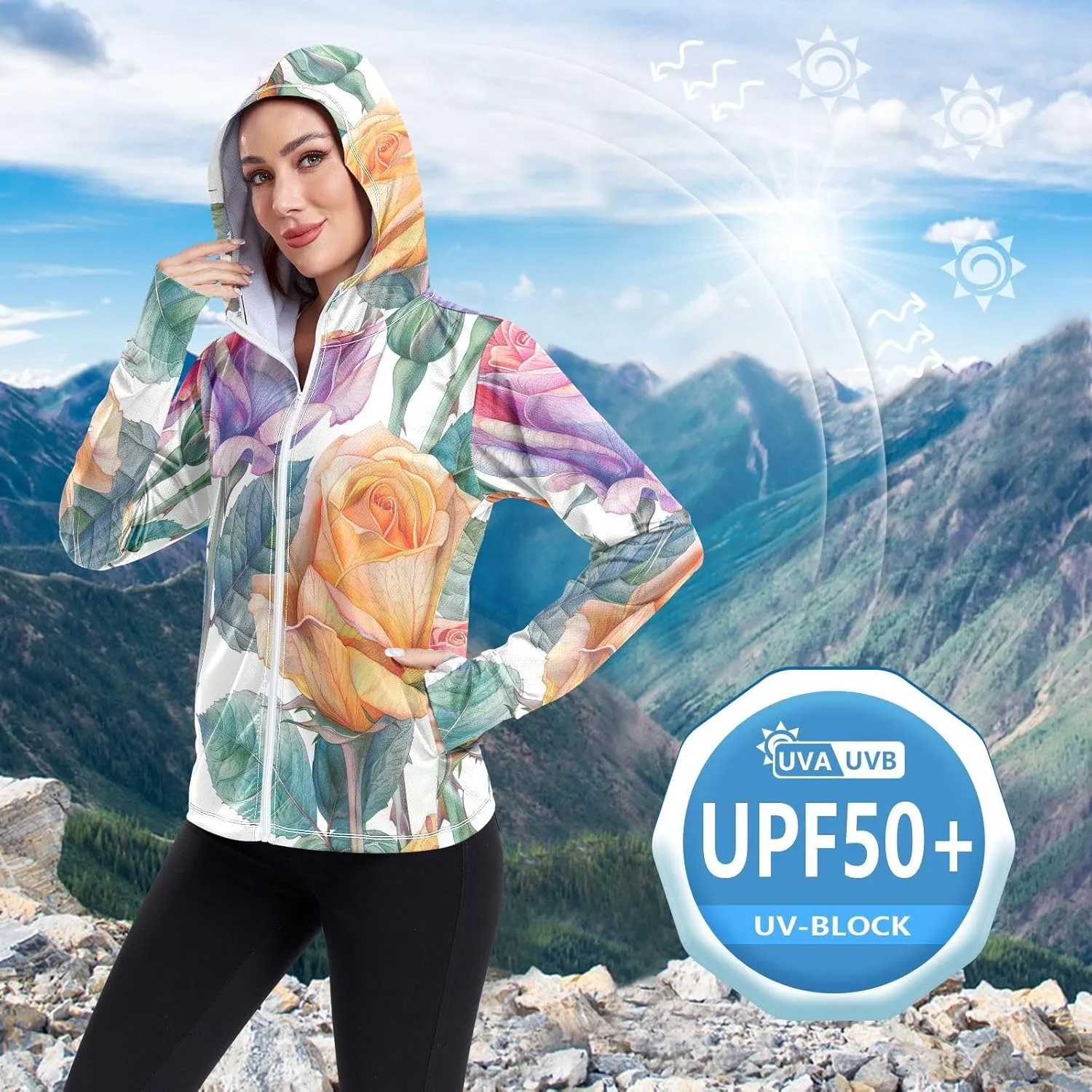 Kigai Colored Roses Women's UPF 50  UV Sun Protection Clothing Zip Up Hoodie SPF Long Sleeve Sun Shirt