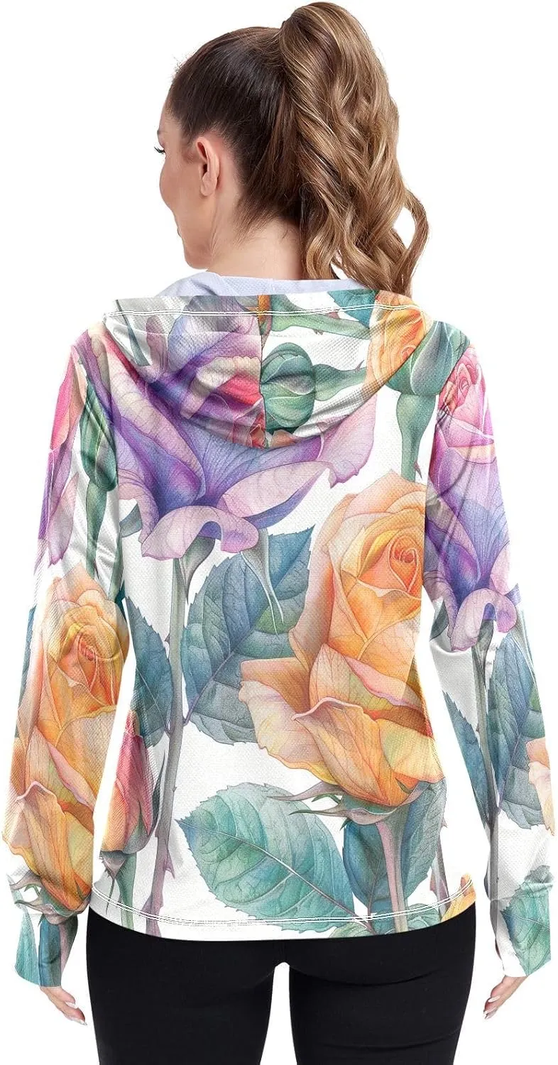 Kigai Colored Roses Women's UPF 50  UV Sun Protection Clothing Zip Up Hoodie SPF Long Sleeve Sun Shirt