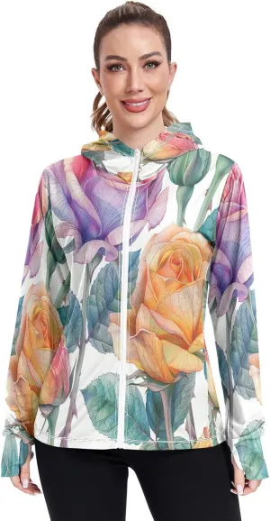 Kigai Colored Roses Women's UPF 50  UV Sun Protection Clothing Zip Up Hoodie SPF Long Sleeve Sun Shirt