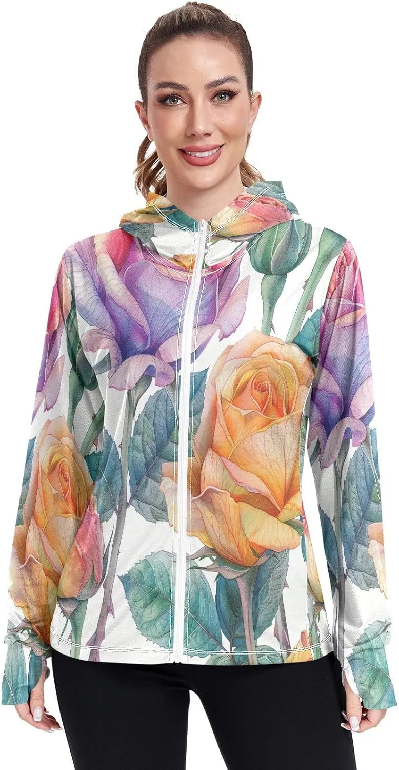 Kigai Colored Roses Women's UPF 50  UV Sun Protection Clothing Zip Up Hoodie SPF Long Sleeve Sun Shirt