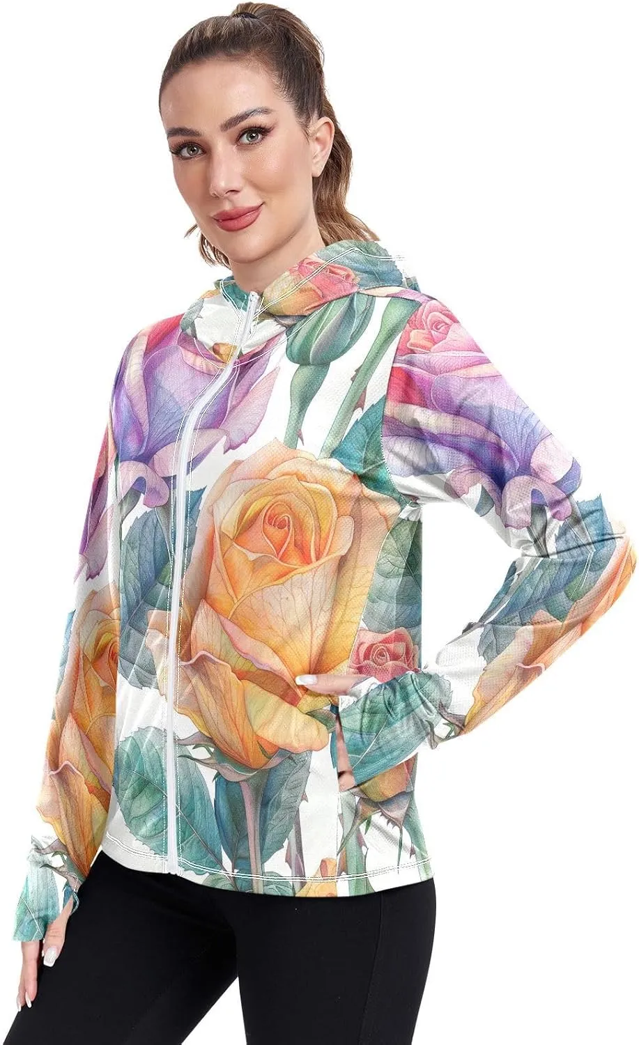 Kigai Colored Roses Women's UPF 50  UV Sun Protection Clothing Zip Up Hoodie SPF Long Sleeve Sun Shirt