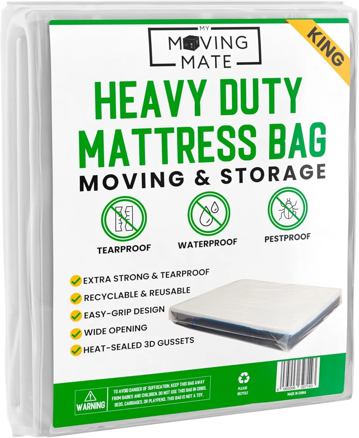 King Size Mattress Bag for Moving and Storage - 5 Mil Mattress Cover for Moving and Storage - Mattress Protector Storage Bags - Heavy Duty, Reusable, Tearproof