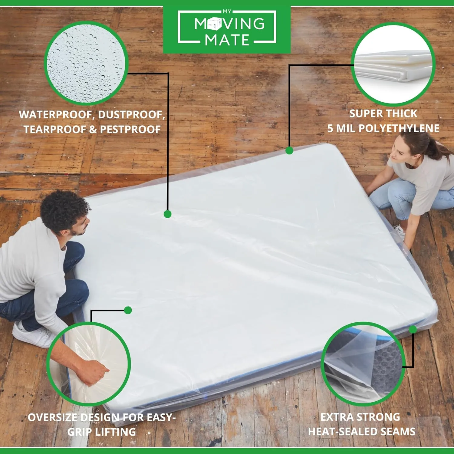 King Size Mattress Bag for Moving and Storage - 5 Mil Mattress Cover for Moving and Storage - Mattress Protector Storage Bags - Heavy Duty, Reusable, Tearproof