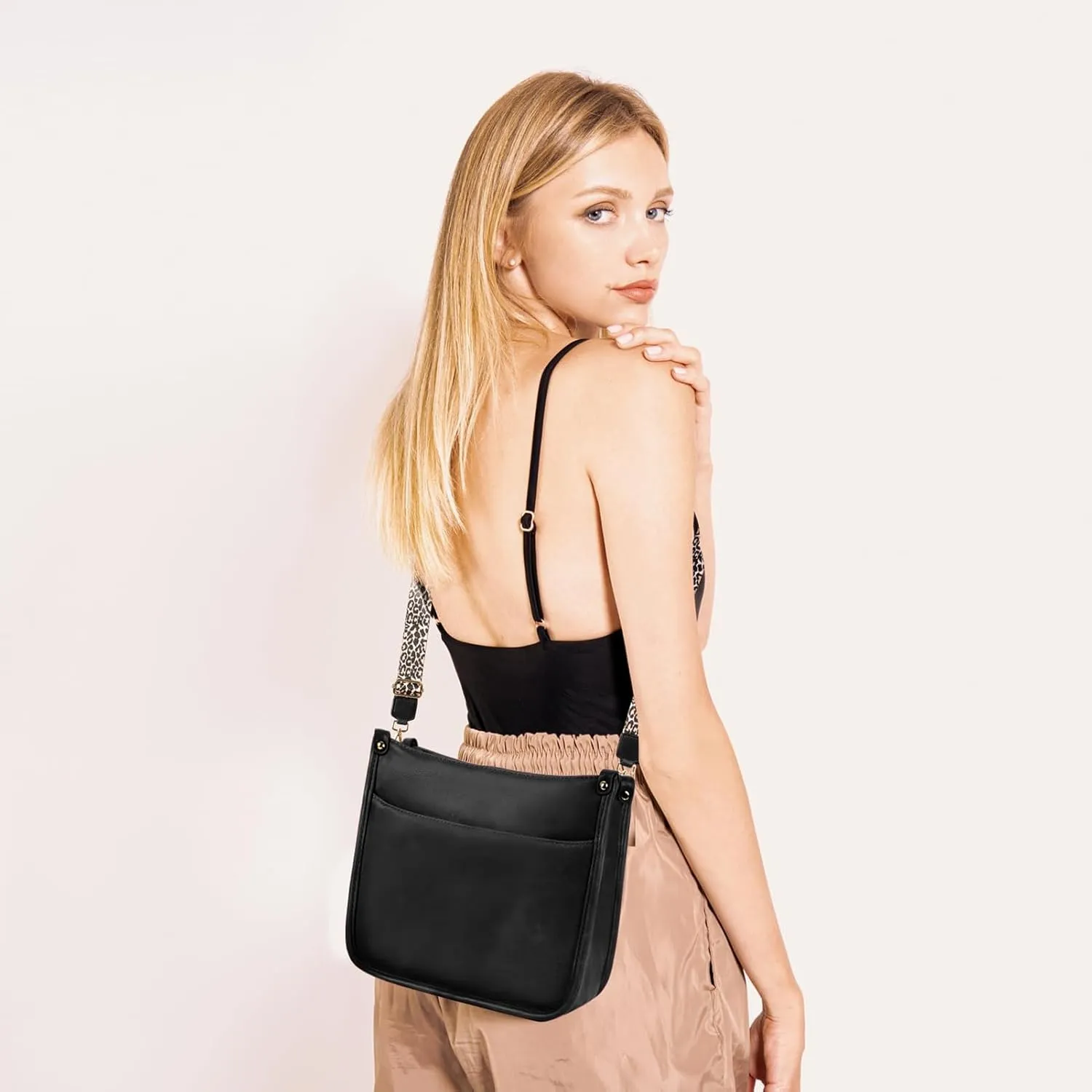 KOGTLA Women's Crossbody Shoulder Bag with Leopard Guitar Strap,Vegan Faux Leather Purse Handbag Bucket Tote Bag