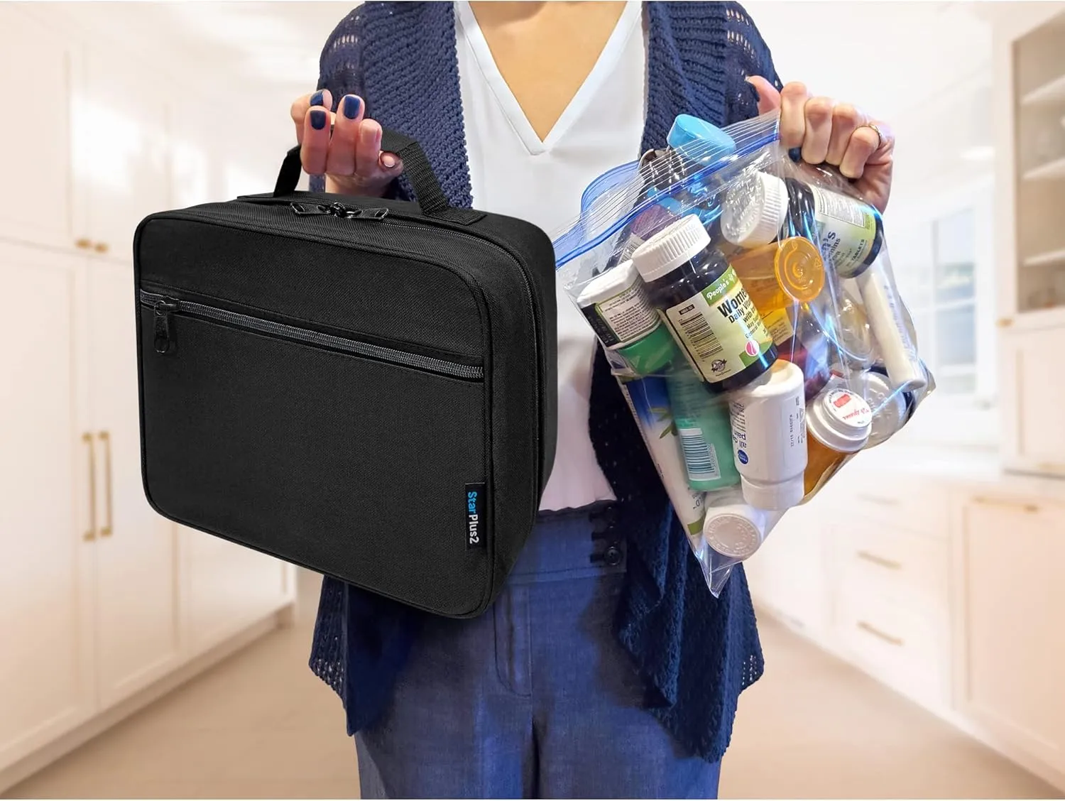 Large Padded Pill Bottle Organizer, Medicine Bag, Case, Carrier for Medications, Vitamins, and Medical Supplies - Travel Medicine Organizer and Home Storage Med Bag - Black (with TSA Lock)