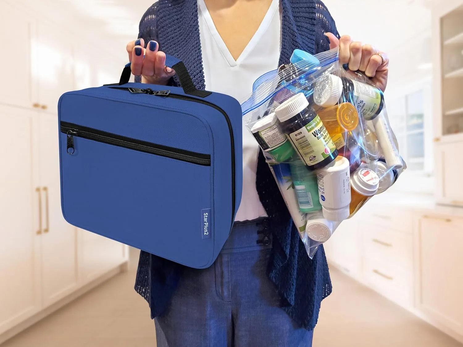 Large Padded Pill Bottle Organizer, Medicine Bag, Case, Carrier for Medications, Vitamins, and Medical Supplies - Travel Medicine Organizer and Home Storage Med Bag - Blue (Without Lock)