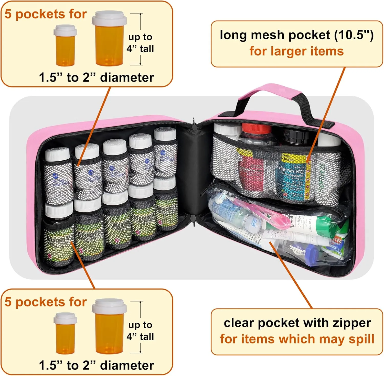 Large Padded Pill Bottle Organizer, Medicine Bag, Case, Carrier for Medications, Vitamins, and Medical Supplies - Travel Medicine Organizer and Home Storage Med Bag - Pink (Without Lock)