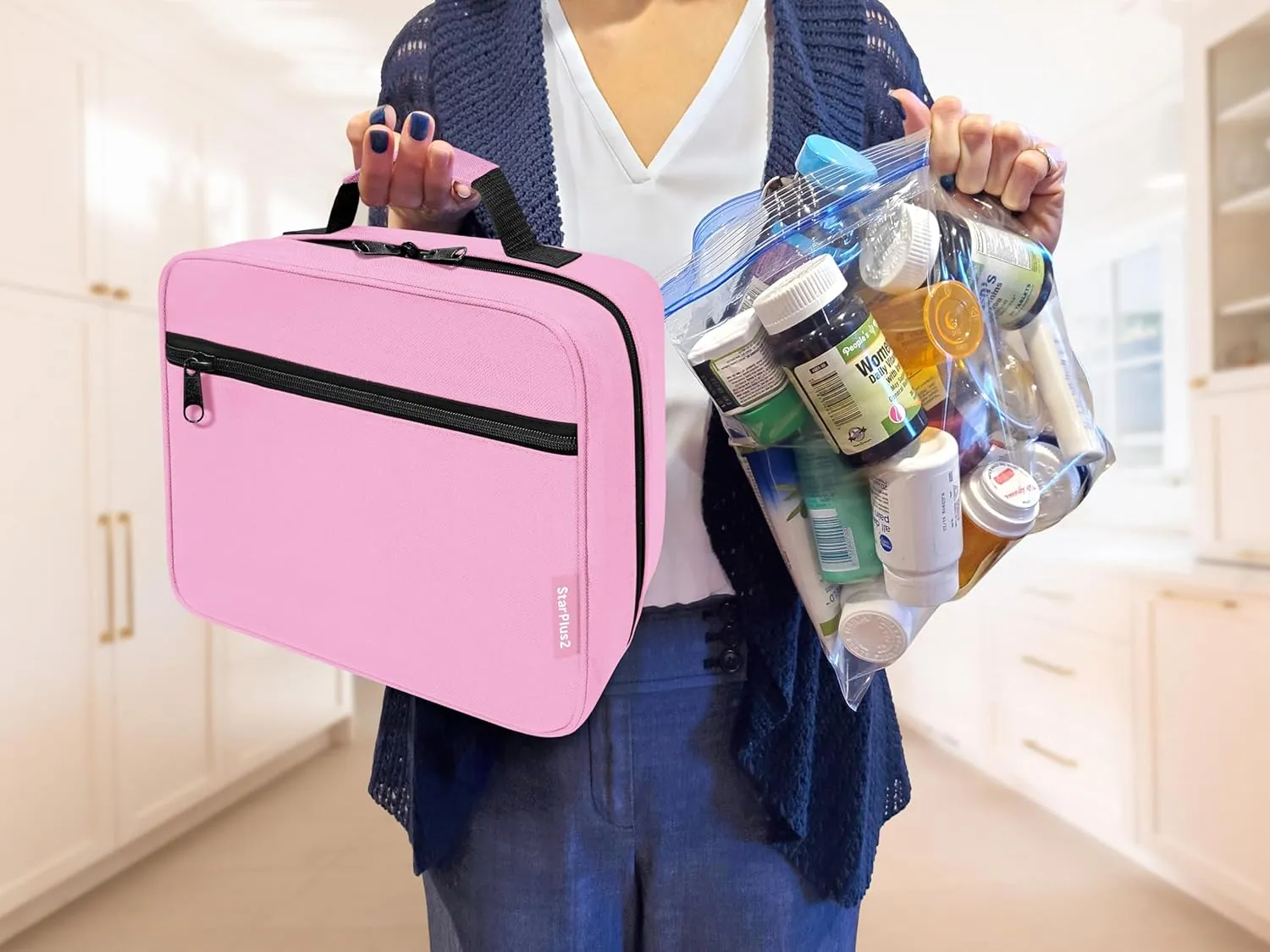 Large Padded Pill Bottle Organizer, Medicine Bag, Case, Carrier for Medications, Vitamins, and Medical Supplies - Travel Medicine Organizer and Home Storage Med Bag - Pink (Without Lock)