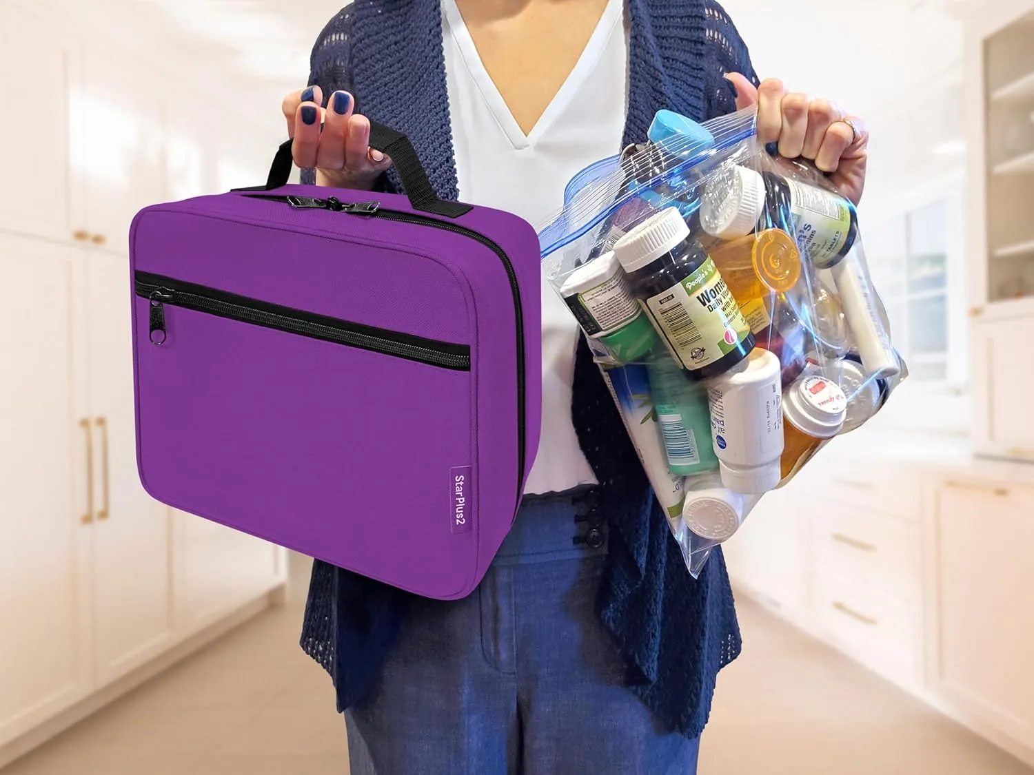 Large Padded Pill Bottle Organizer, Medicine Bag, Case, Carrier for Medications, Vitamins, and Medical Supplies - Travel Medicine Organizer and Home Storage Med Bag - Purple (Without Lock)