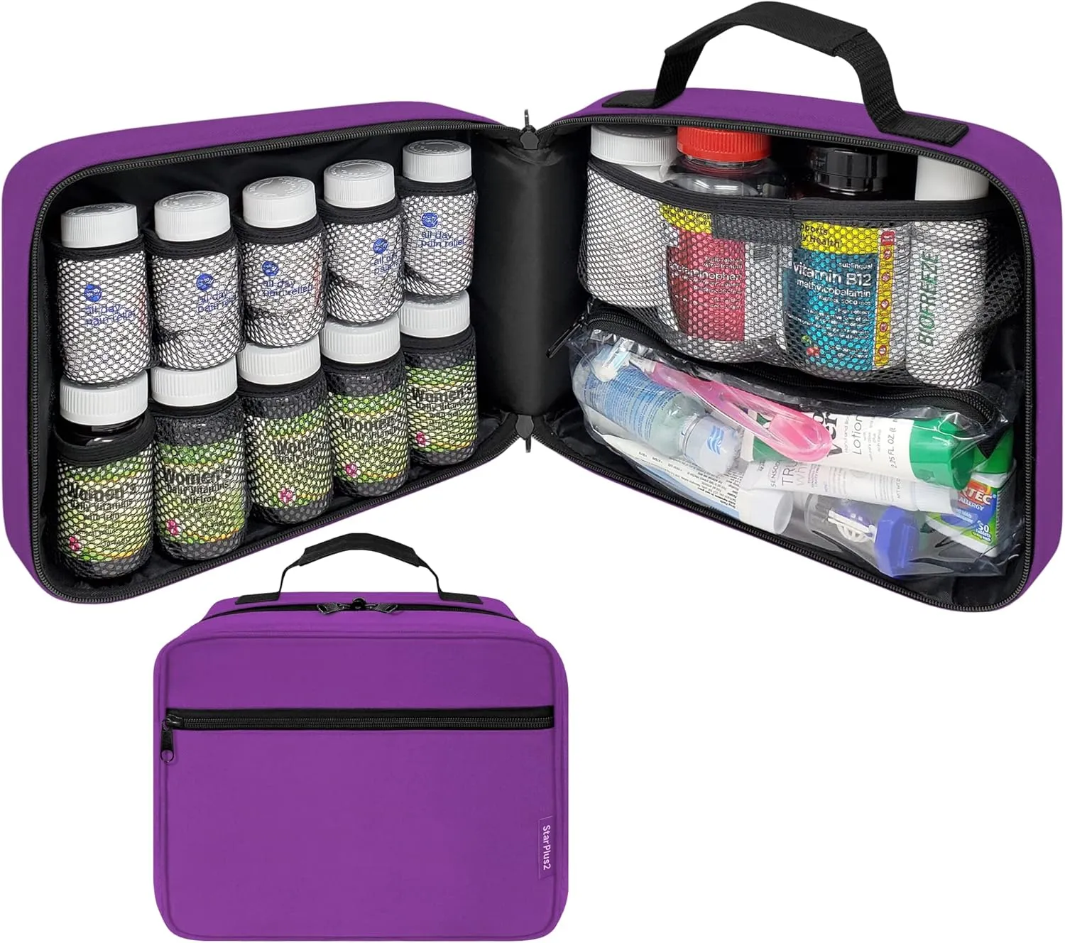 Large Padded Pill Bottle Organizer, Medicine Bag, Case, Carrier for Medications, Vitamins, and Medical Supplies - Travel Medicine Organizer and Home Storage Med Bag - Purple (Without Lock)