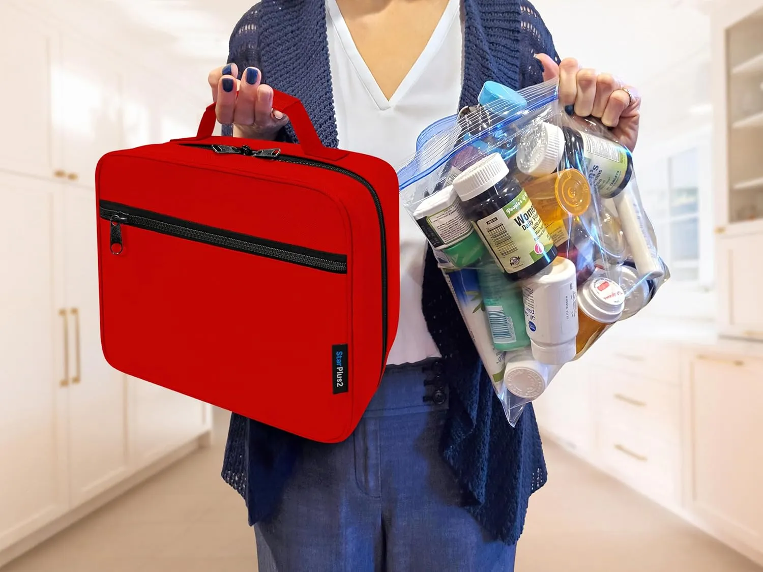 Large Padded Pill Bottle Organizer, Medicine Bag, Case, Carrier for Medications, Vitamins, and Medical Supplies with Fixed Pockets - for Home Storage and Travel - Red (Without Lock)