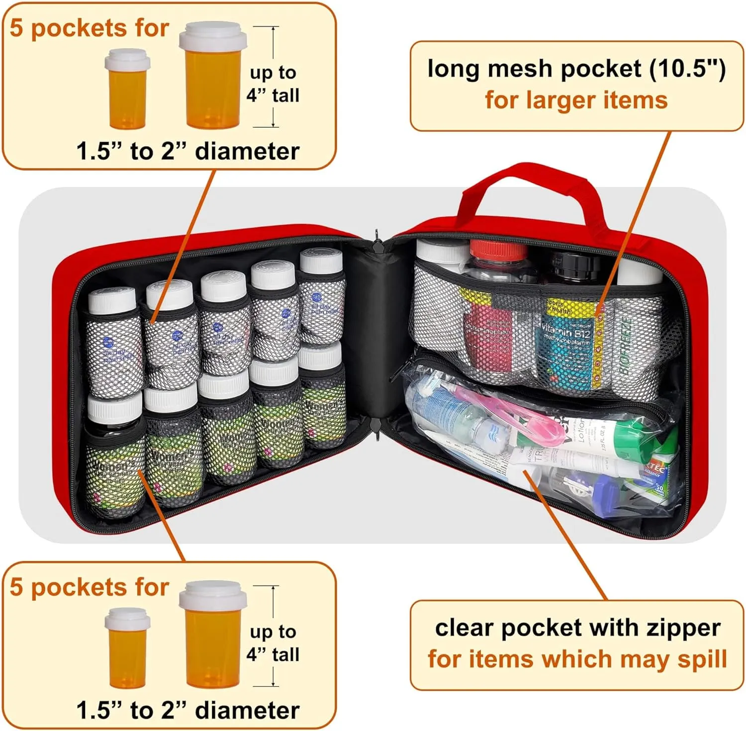 Large Padded Pill Bottle Organizer, Medicine Bag, Case, Carrier for Medications, Vitamins, and Medical Supplies with Fixed Pockets - for Home Storage and Travel - Red (Without Lock)