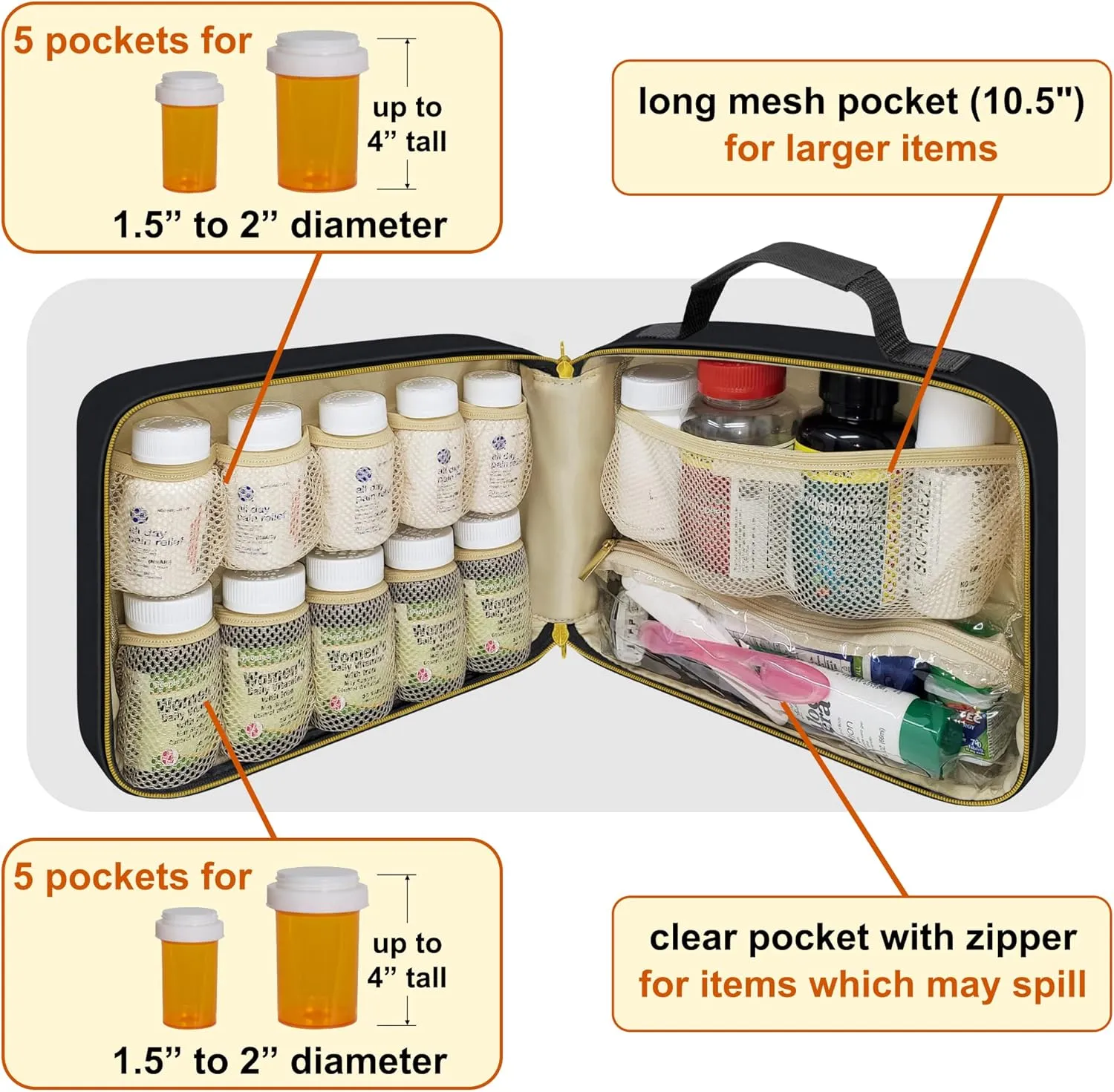 Large Quilted Pill Bottle Organizer, Medicine Bag, Case, Carrier for Medications, Vitamins, and Medical Supplies - Travel Medicine Organizer and Home Storage Med Bag - Black (Without Lock)