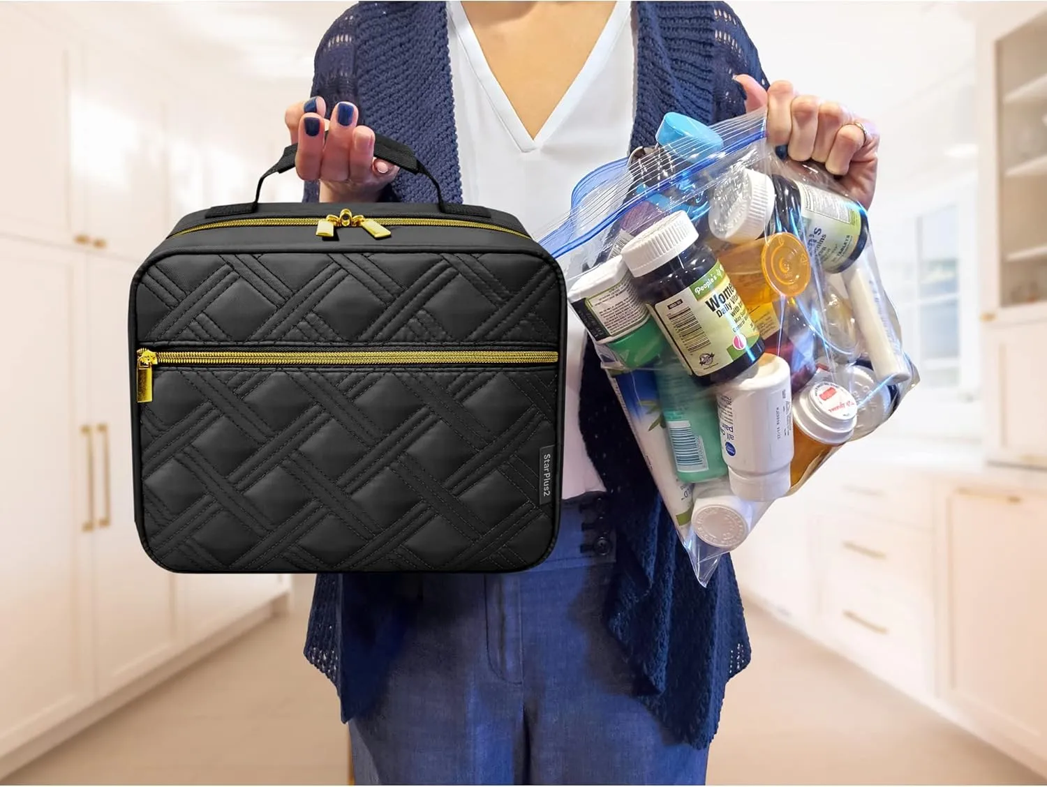 Large Quilted Pill Bottle Organizer, Medicine Bag, Case, Carrier for Medications, Vitamins, and Medical Supplies - Travel Medicine Organizer and Home Storage Med Bag - Black (Without Lock)