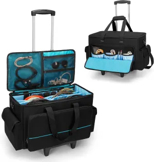 Large Rolling DJ Cable Bag, Padded Gig Bag with Detachable Trolley & Divider, Music Gear Case with Multi Pockets for 15.6" Laptop, DJ Gear, Musical Instrument, Sound Equipment Storage