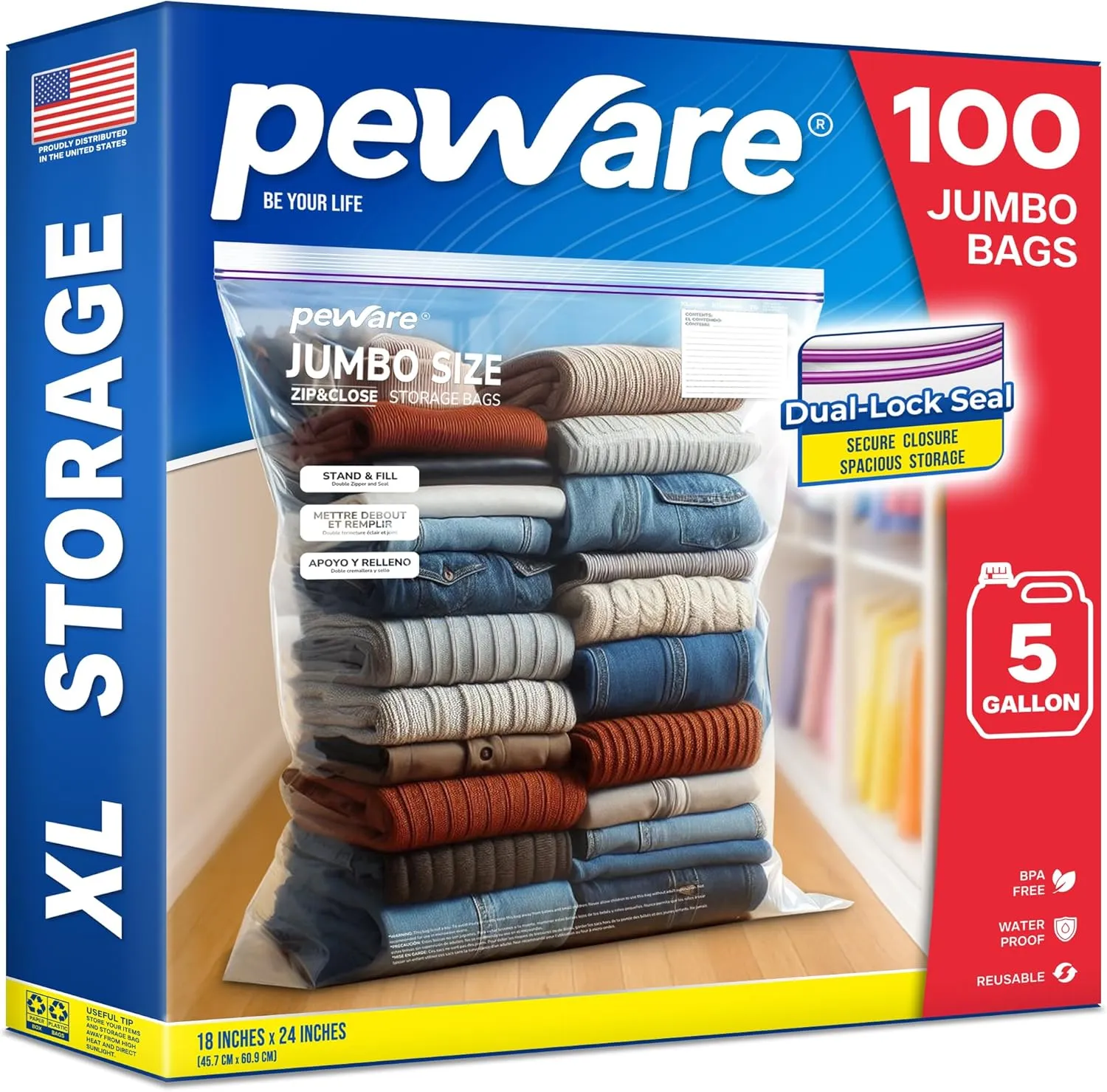 Large Storage Bags, 18"x24" Jumbo Plastic Bag, BPA Free, 5 Gallon XL Zipper Lock Baggies for Clothes Pillow Travel Moving - 100 Jumbo Bags
