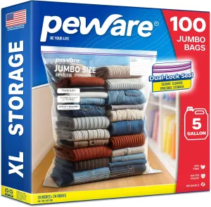Large Storage Bags, 18"x24" Jumbo Plastic Bag, BPA Free, 5 Gallon XL Zipper Lock Baggies for Clothes Pillow Travel Moving - 100 Jumbo Bags
