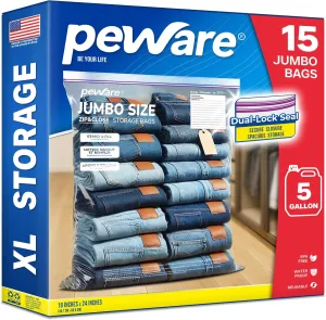 Large Storage Bags, 18"x24" Jumbo Plastic Bag, BPA Free, 5 Gallon XL Zipper Lock Baggies for Clothes Pillow Travel Moving - 15 Jumbo Bags
