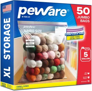 Large Storage Bags, 18"x24" Jumbo Plastic Bag, BPA Free, 5 Gallon XL Zipper Lock Baggies for Clothes Pillow Travel Moving - 50 Jumbo Bags
