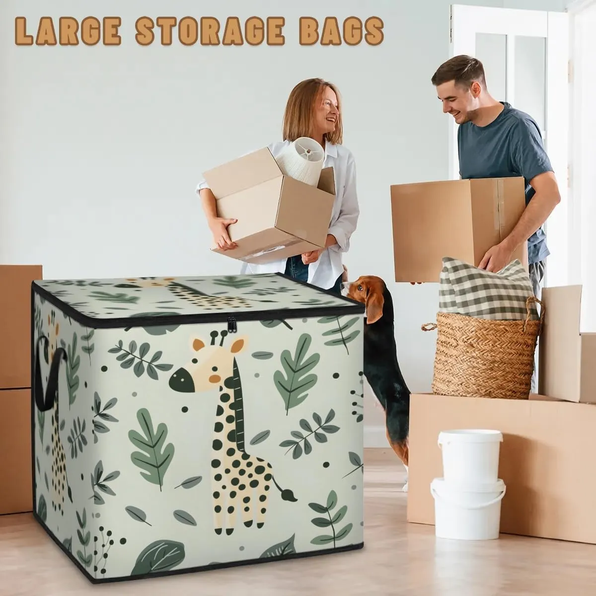 Large Storage Bags Cute Giraffe Closet Organizer Foldable Clothes Storage Bins with Handles Storage Containers for Blanket Comforter Pillow