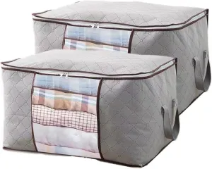 Large Storage Bags,2 Pack Storage Bins with Reinforced Handle and Sturdy Zipper,Closet Storage for Blanket,Comforter,Pillows and Bedding,Gray
